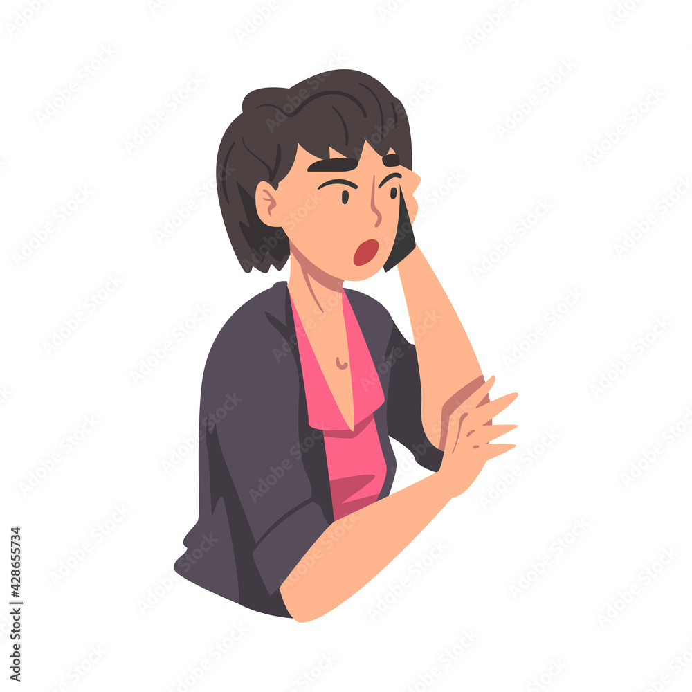 Brunette Girl Talking on Phone, Woman Using Smartphone in Friendly or Family Telephone Communication Cartoon Vector Illustration Brunette Girl Talking on Phone, Woman Using Smartphone in Friendly or Family Telephone Communication Cartoon Vector Illustration
