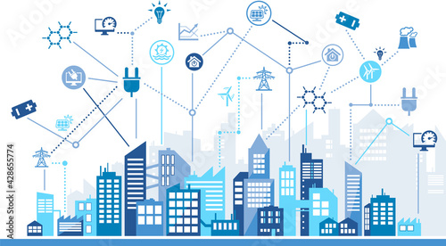 Smart grid vector illustration. Concept with city background and icons related to modern electricity distribution system, renewable energy resources, power supply and demand infrastructure.