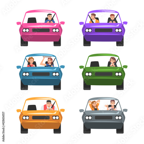 People Riding Cars Set, Front View of Drivers and Passengers Sitting in Colorful Vehicles Cartoon Vector Illustration