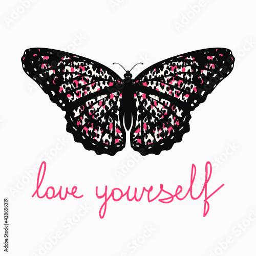 Love yourself. Butterfly, illustration of a pink butterfly painted in leopard skin. Vector