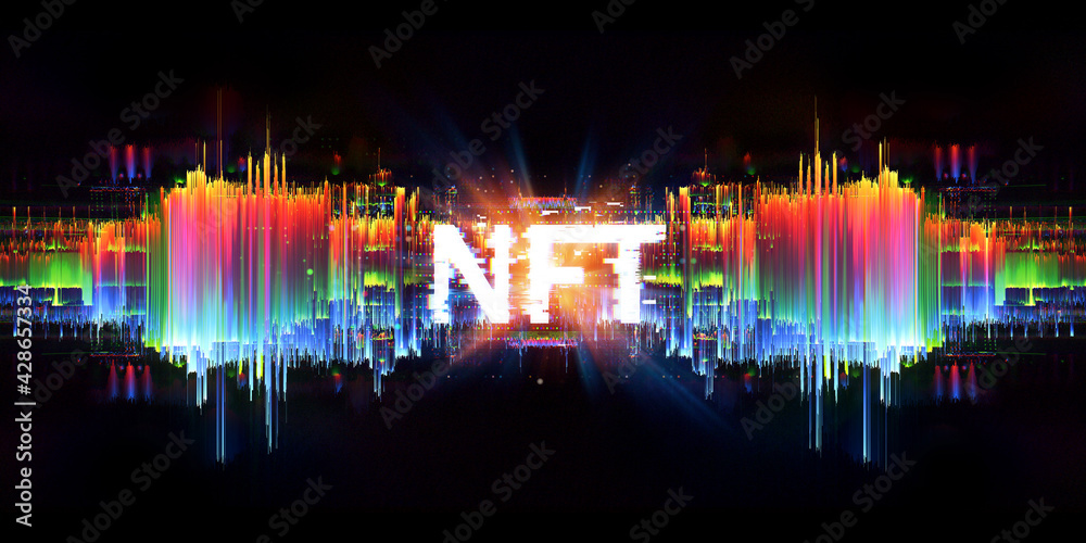 Crypto currency. Abstract effect. Future tech. NFT non-fungible token. .Digital cryptoart. Shine grid. Neon flare. Quantum computer. .Magic code. Grid HUD lines. Web device. 3d rendering. QR code