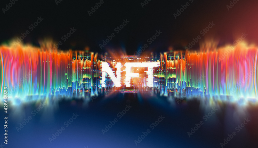 Naklejka premium Crypto currency. Abstract effect. Future tech. NFT non-fungible token. .Digital cryptoart. Shine grid. Neon flare. Quantum computer. .Magic code. Grid HUD lines. Web device. 3d rendering. QR code