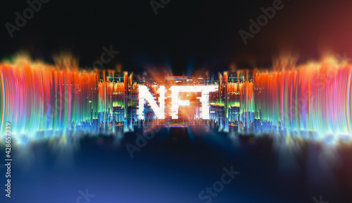 Crypto currency. Abstract effect. Future tech. NFT non-fungible token. .Digital cryptoart. Shine grid. Neon flare. Quantum computer. .Magic code. Grid HUD lines. Web device. 3d rendering. QR code