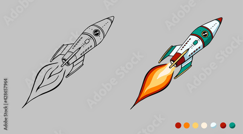 Rocket takes off and flies, cartoon hand drawn image in clip art style for coloring book pages