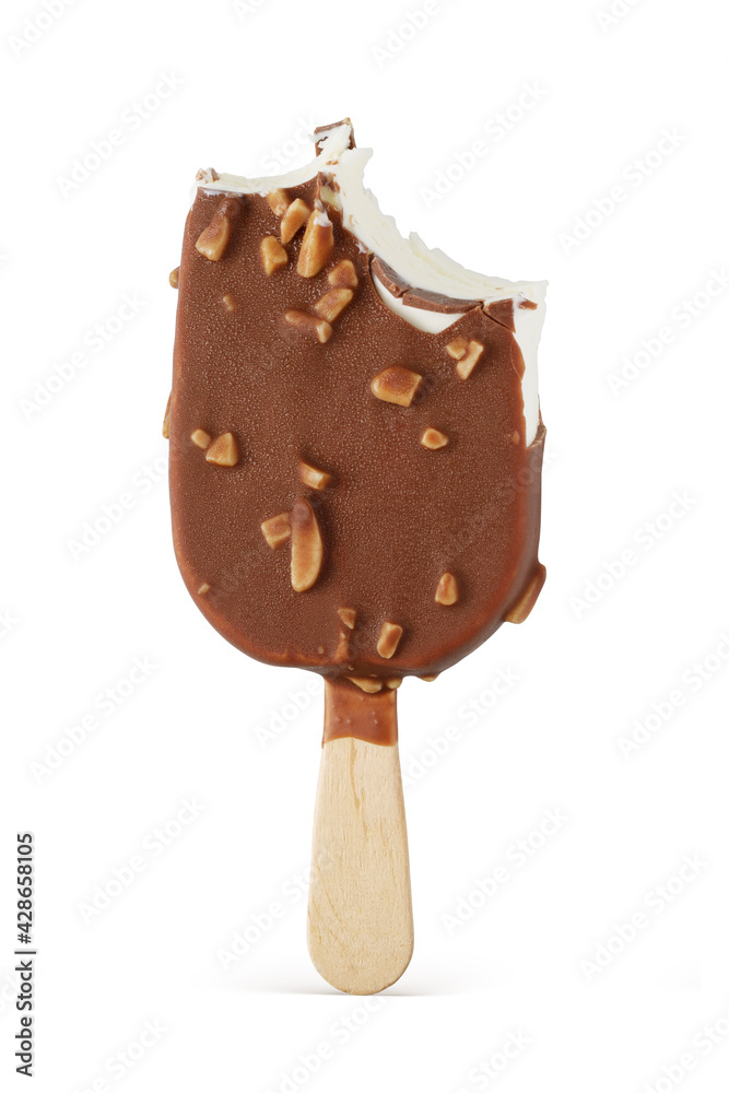 Bitten ice cream bar with chocolate coating and nuts isolated. Bitten ice cream bar with chocolate coating and nuts isolated.