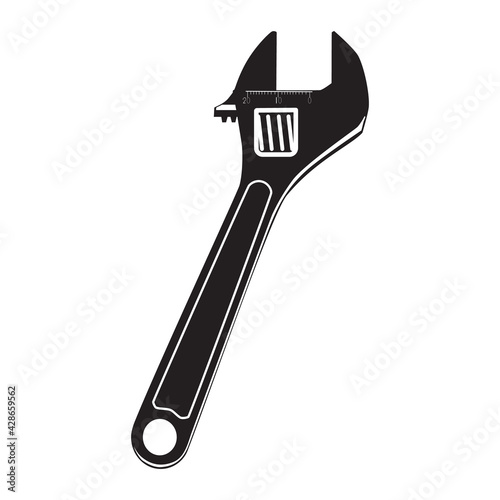 Wrench or spanner hand work tool black silhouette, vector illustration isolated on white background. Adjustable wrench