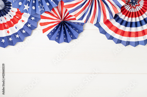 Fototapeta Naklejka Na Ścianę i Meble -  4th of July holiday banner design. USA theme paper fans. Independence, Memorial Day pinwheels