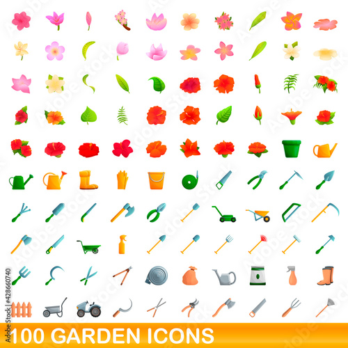 100 garden icons set. Cartoon illustration of 100 garden icons vector set isolated on white background