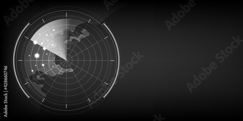 Digital black and white realistic radar screen background. Abstract radar with targets. Military search system. Vector illustration.