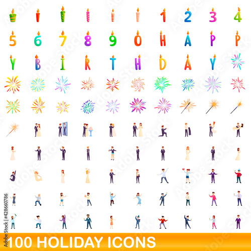 100 holiday icons set. Cartoon illustration of 100 holiday icons vector set isolated on white background
