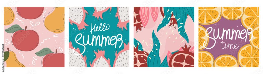Vector set of summer greeting cards, banners, hello summer cover template, fruits. Postcards fruit pomegranate, orange, apple dragon. Brochure design in flat style with spray lines