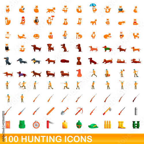 100 hunting icons set. Cartoon illustration of 100 hunting icons vector set isolated on white background