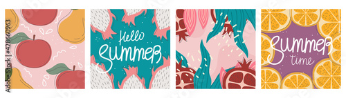 Vector set of summer greeting cards, banners, hello summer cover template, fruits. Postcards fruit pomegranate, orange, apple dragon. Brochure design in flat style with spray lines