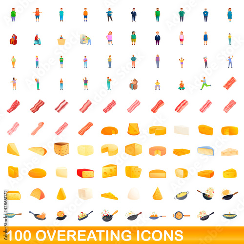 100 overeating icons set. Cartoon illustration of 100 overeating icons vector set isolated on white background