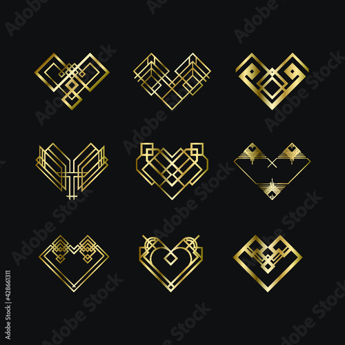 Set of Art deco geometric hearts. Creative template in style of 1920s for your design. Vector illustration. EPS 10