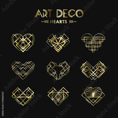 Set of Art deco geometric hearts. Creative template in style of 1920s for your design. Vector illustration. EPS 10