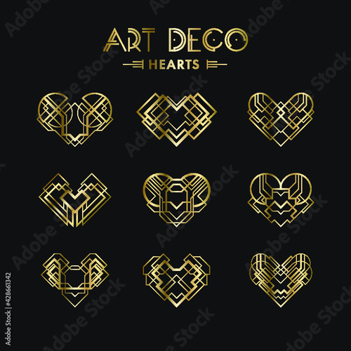 Set of Art deco geometric hearts. Creative template in style of 1920s for your design. Vector illustration. EPS 10