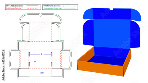 Mailer subscription box with flap groove notches Corrugated shipping 2 roll end box vector dieline template and 3D vector render file