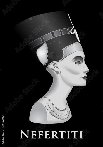 Nefertiti - Egyptian Queen. Silhouette Nefertiti isolated on antique gray background. Vector illustration
