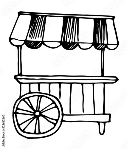 vector isolated street mobile trolley with striped canopy and wheel, hand-drawn sketch style black outline on white background for design template