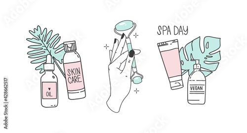 Hand holds facial massager, jade roller. Cosmetics on the background of tropical leaves, monstera. Home skin care products. Set of vector illustrations in a minimalist modern style. Outline drawing.