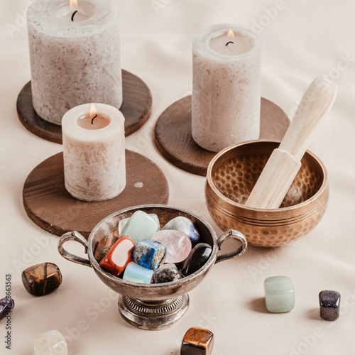 Healing chakra crystals therapy. Alternative rituals, gemstones for wellbeing, meditation, destress