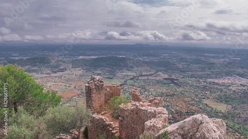 Timelapse on the mountain with storm and rushing clouds, Castillo de Alaro, Mallorca, Balearic Islands, Mediterranean, Spain.