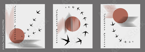 Trendy minimalist Japanese style illustration set. Flock of swallows fly into bright sun, unity of water, air, nature. Vector illustration, birds hieroglyphs.