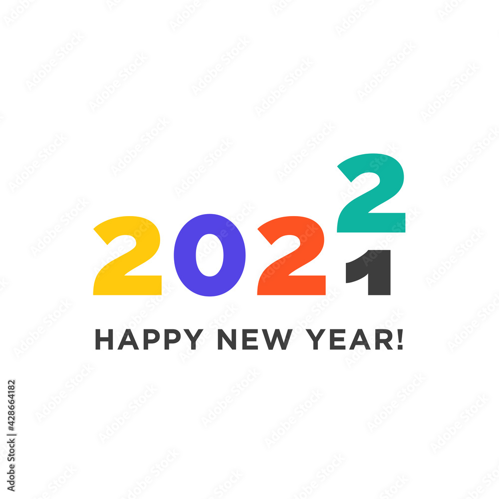 Happy New Year 2022 logo text design. Transition from 2021. Logotype of the year. Vector modern minimalistic text with colorful numbers. Emblem for card print social media