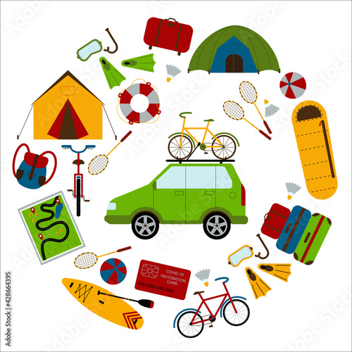 A set of necessary things to travel by car in a round frame. Backpack, fins, diving mask, lifebuoy, map, badminton, ball, sup, sleeping bag, bike, suitcases. Family hobby. Flat style Vector Illustrati