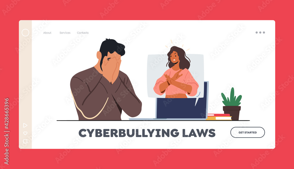 Cyberbullying Laws Landing Page Template. Woman Show Stop Gesture from Pc Monitor. Teen Character Crying front of Pc