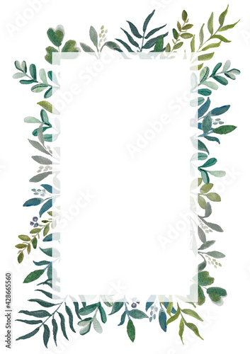 A template of a postcard with a watercolor green leaves on the branches. Wedding invitation template.