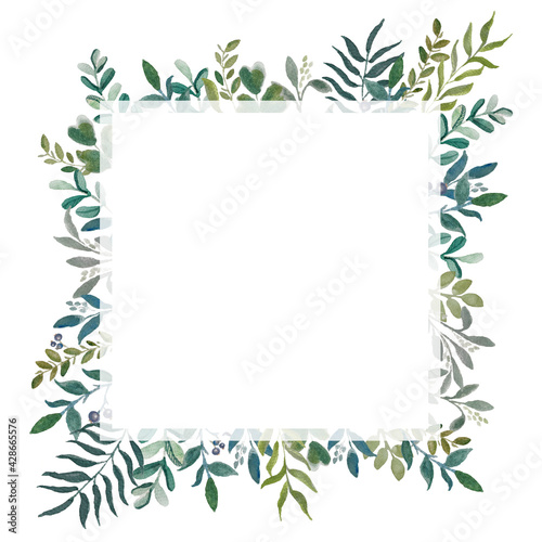 A template of a postcard with a watercolor green leaves on the branches. Wedding invitation template. Square arrangement.