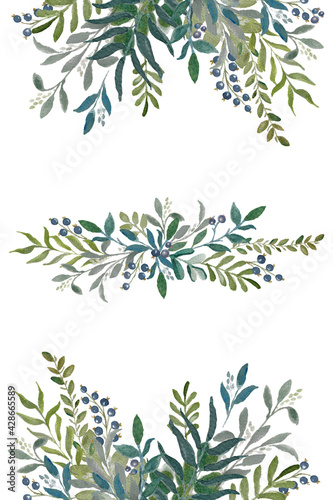 A template of a postcard with a watercolor green leaves on the branches. Wedding invitation template. Square arrangement. © Mihai