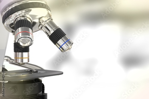 chemical analysis concept, object 3D illustration - lab hi-tech scientific microscope on selective focus background