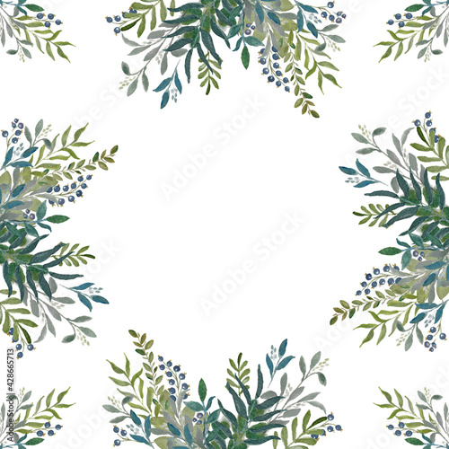 Fototapeta Naklejka Na Ścianę i Meble -  A template of a postcard with a watercolor green leaves on the branches. Wedding invitation template. Square arrangement.