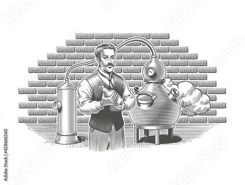 Distillery whiskey, gin, vodka or moonshine vintage engraving style vector illustration. Alcohol beverage or spirit distillation process. Man holding a bottle, alembic distiller on background.