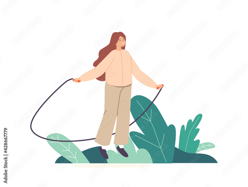 Fototapeta premium Child Play on Street, Jumping and Rejoice at Summer Time. Little Girl Character Exercising with Jump Rope. Healthy Life