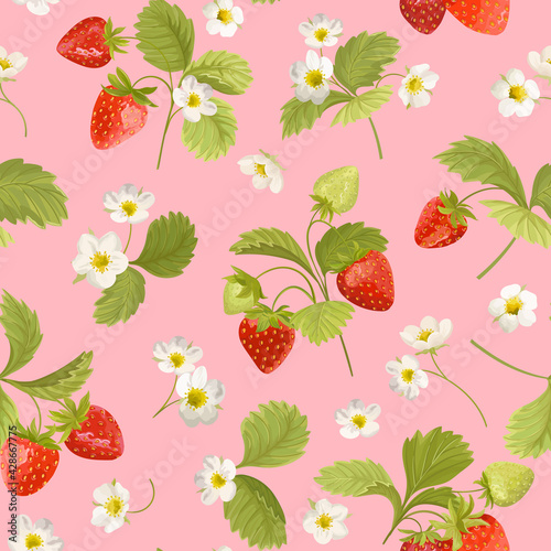 Strawberry with flowers, wild berries, leaves vector pattern. Seamless background texture illustration
