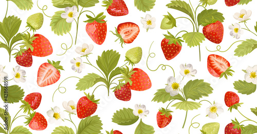 Strawberry Background with flowers, wild berries, leaves. Vector seamless texture illustration for summer cover