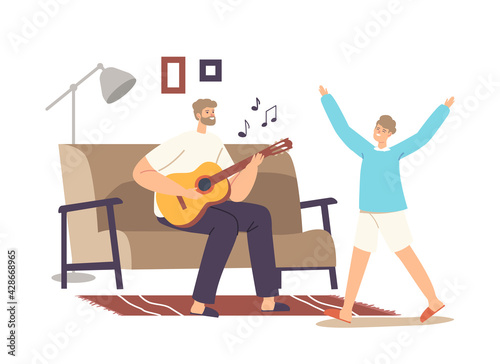 Happy Family Home Party. Father Playing Guitar and Singing Song, Daughter Dance. Parent and Child Characters Leisure
