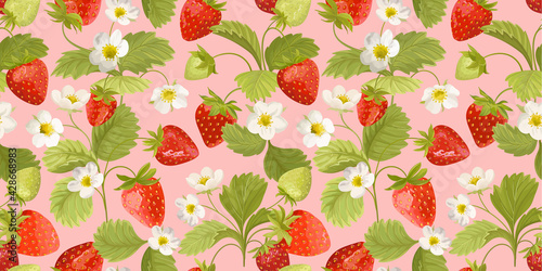 Watercolor Seamless Strawberry pattern with flowers, wild berries, leaves. Vector background texture