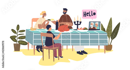 Online thanksgiving family dinner: family sit at celebration table with laptop call to grandparents
