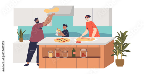 Happy family cooking pizza at together: mom, dad and son preparing italian dish for family dinner