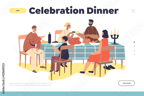 Celebration dinner concept of landing page with family gathering for thanksgiving day feast