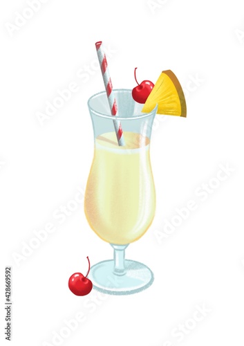 illustration of summer bright pina colada cocktail with cherry and pineapple decor