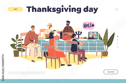 Thanksgiving day concept of landing page with family call online grandparents at thanksgiving dinner