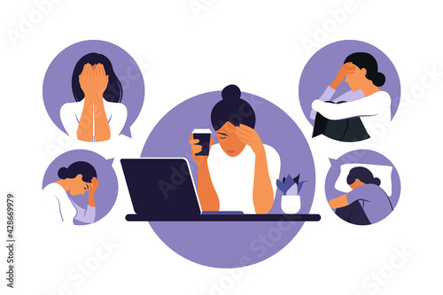 Woman in depression with bewildered thoughts in her mind. Young sad girl sitting at laptop. Vector illustration. Flat style