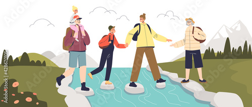 Family hiking in mountains, parents and children travel on vacation, trekking together