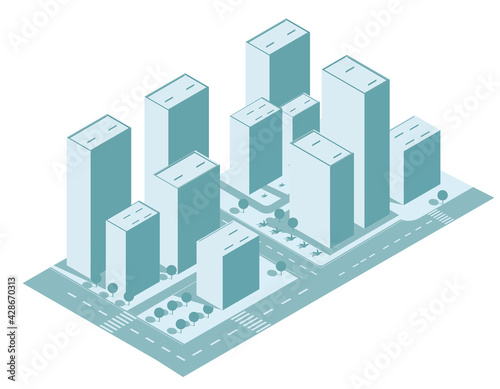 Isometric city vector.Smart town with road , trees,smart city and public park,building 3d,capital , Vector office and metropolis concept. Trending image. Night city. Neon glow.